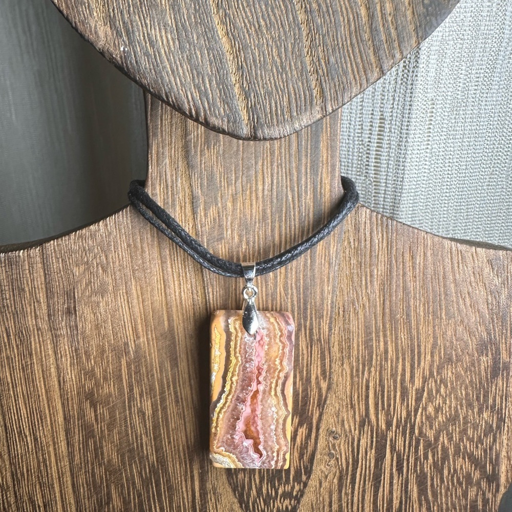 Crazy Lace Agate Rectangle Pendant Necklace on Black Rope - Picture 9 of 15
